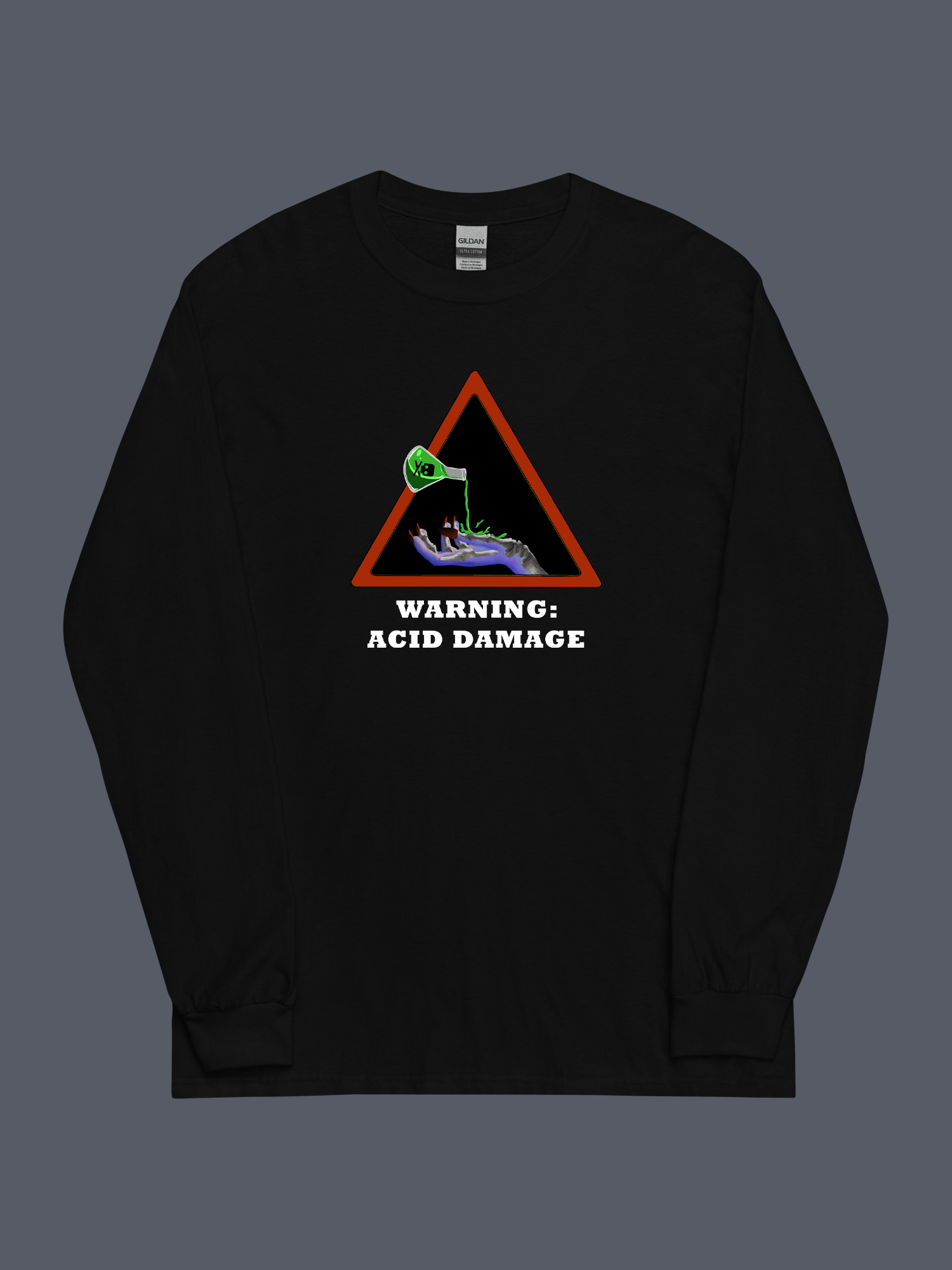 Warning Acid Damage Black Long Sleeve Tee