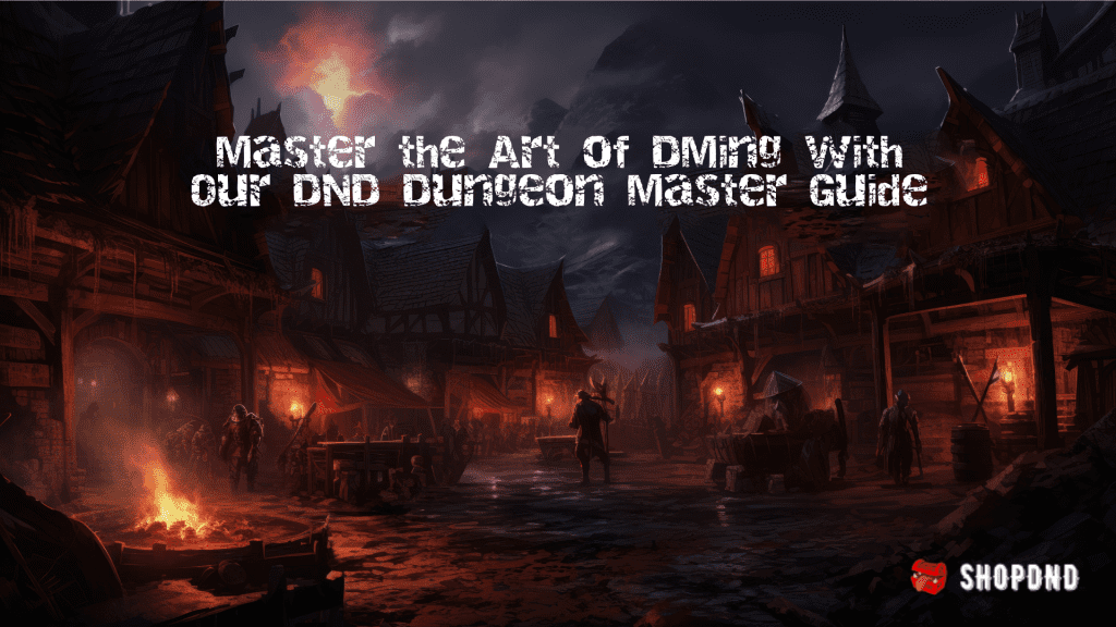 A dark medieval village with adventurers promoting a comprehensive guide on how to create a D&D character by ShopDnD.