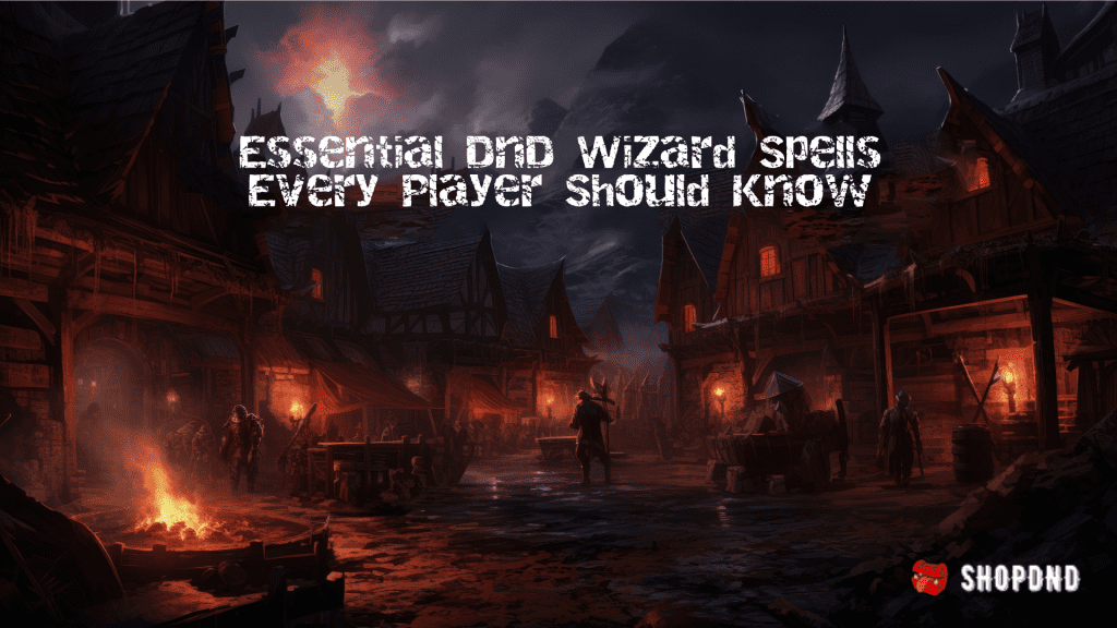 A dark medieval village with adventurers promoting a comprehensive guide on how to create a D&D character by ShopDnD.