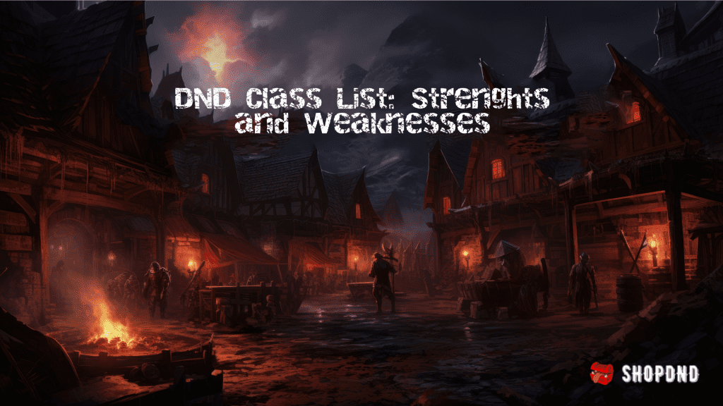 A dark medieval village with adventurers promoting a comprehensive guide on how to create a D&D character by ShopDnD.