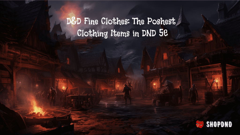A dark medieval village with adventurers promoting a comprehensive guide on how to create a D&D character by ShopDnD.