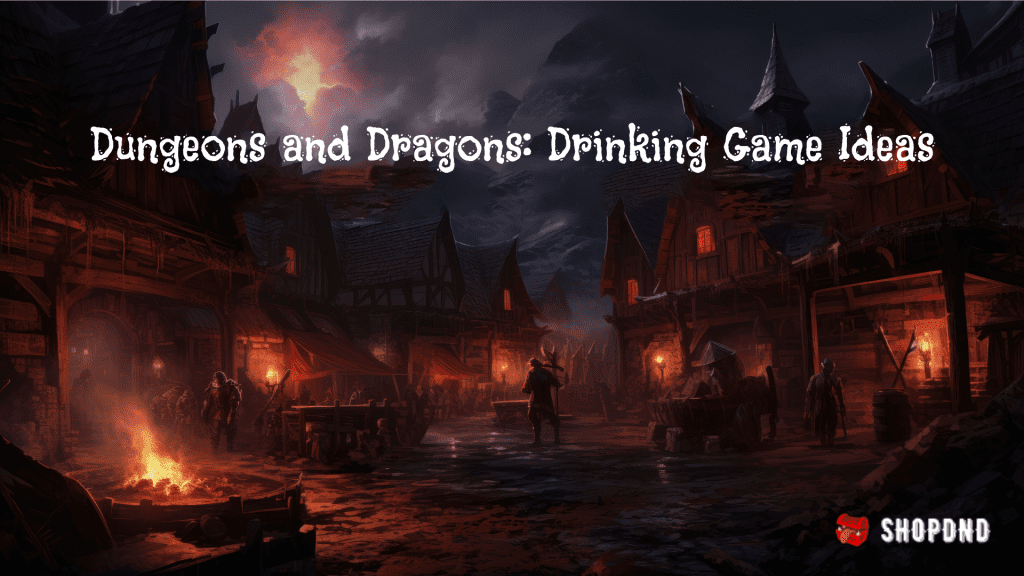 Dark medieval fantasy setting with adventurers in detailed DND armor. A fire burns near a tavern, evoking adventure.