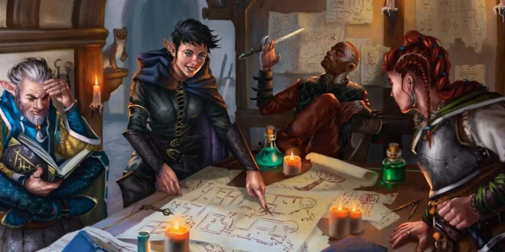 D&D players analyzing a map together amidst potions and scrolls.